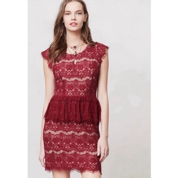 Anthropologie Maeve Elsa Burgundy Red Lace Peplum Sheath Cap Sleeve Dress Sz L - Picture 1 of 8
